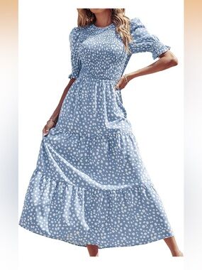 BTFBM Maxi Dress Smocked Tiered Crew Neck Short Sleeve Floral Boho Flowy XL